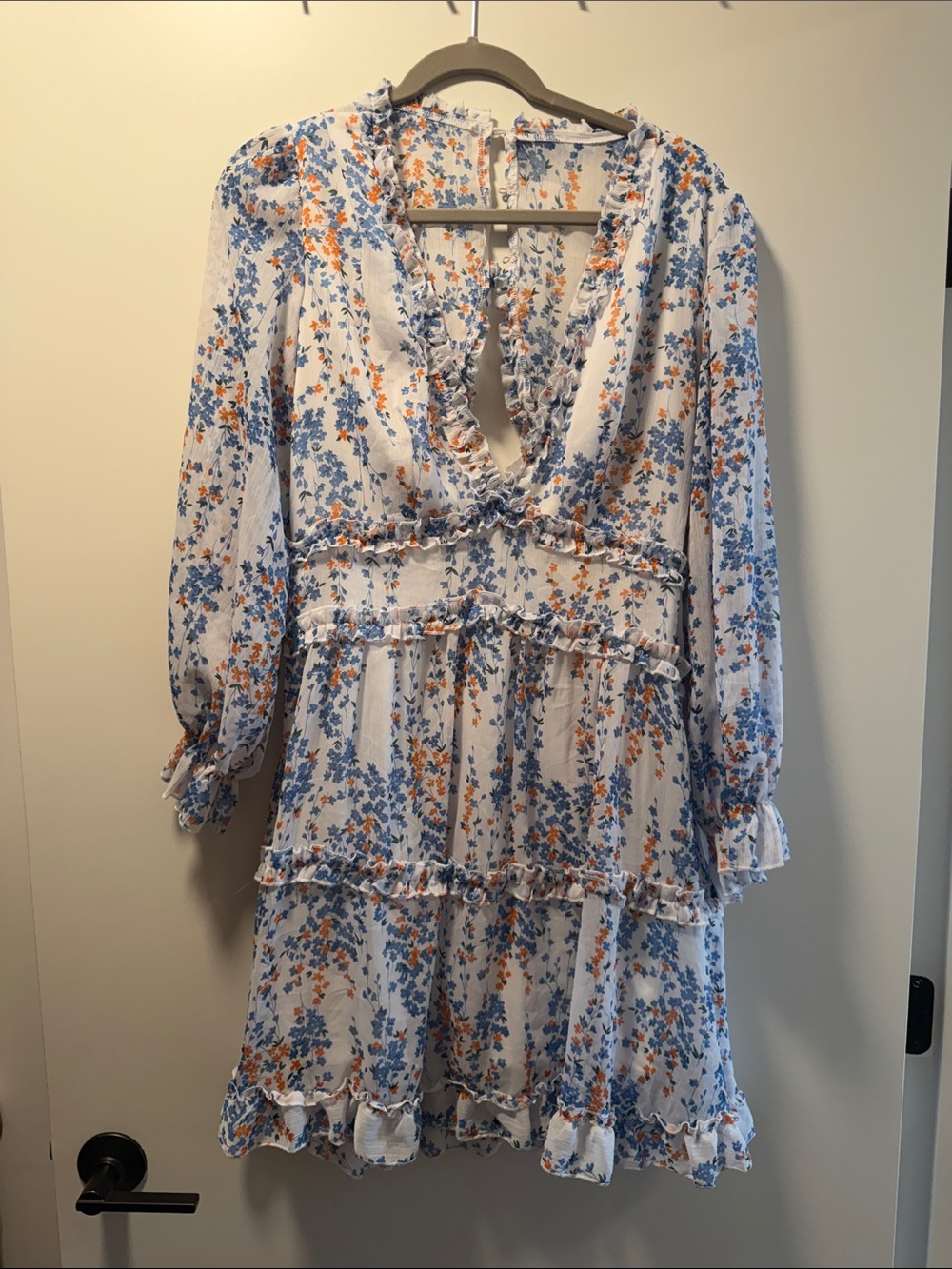 Floral Ruffle Tiered Mini Dress - Blue & Orange